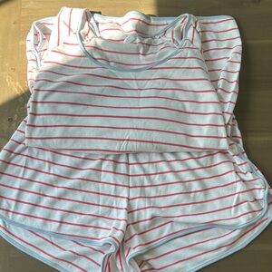 LAKE Pajamas Women’s Striped White and Coral Lounge 3/4 Sleeve & Shorts Set